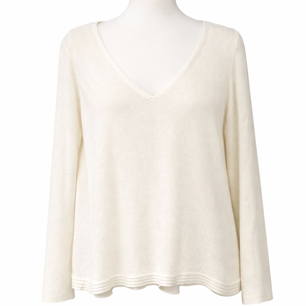 T Tahari Cream V-Neck Long Sleeve Cotton Modal Blend Sweater